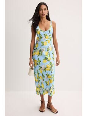 L'AGENCE Akiya Tank Dress Blue Lemon Print Midi Slip Dress XS with fabric pull